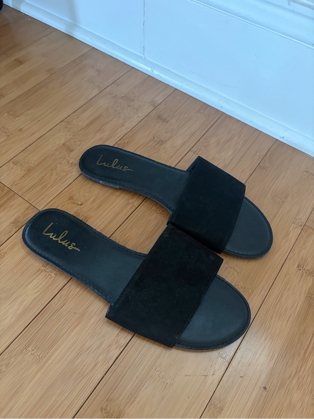 Lulu's Black Slide Sandals with Wide Suede Band